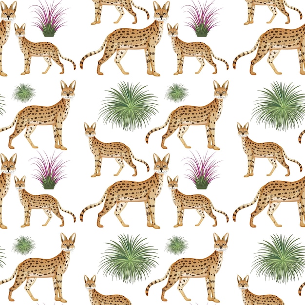 Free vector seamless pattern with caracal and nature elements on white background