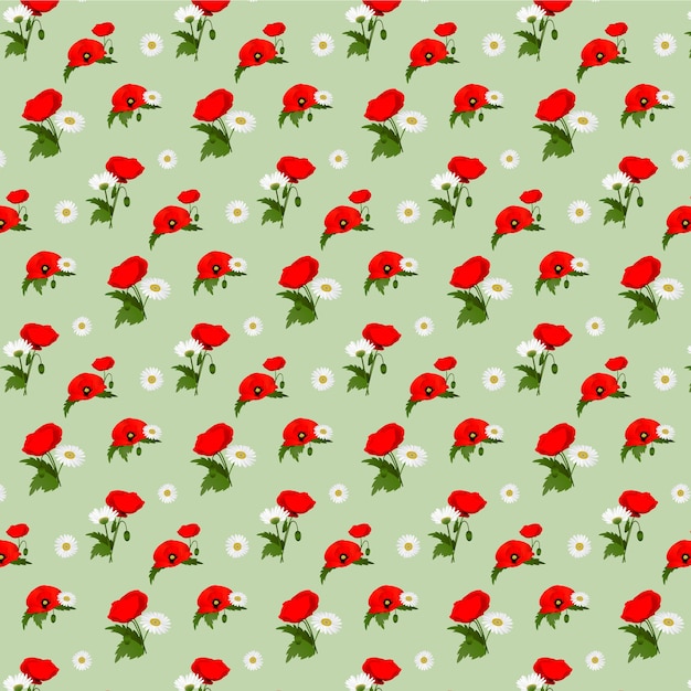 Seamless pattern with chamomile and poppies flowers