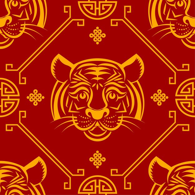 Seamless pattern with chinese new year 2022 zodiac year of the tiger sign with asian elements.