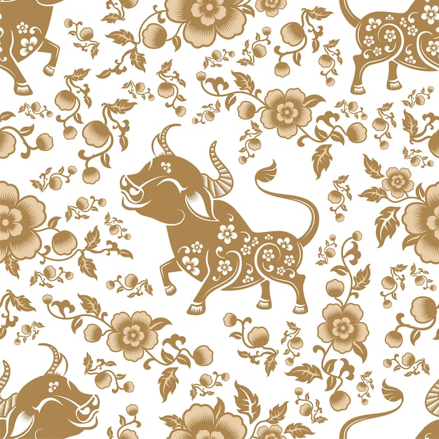 Seamless pattern with Chinese New Year Zodiac Year of the ox sign with asian elements