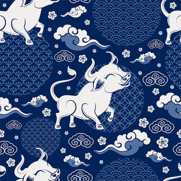 Free vector seamless pattern with chinese new year zodiac year of the ox sign with asian elements