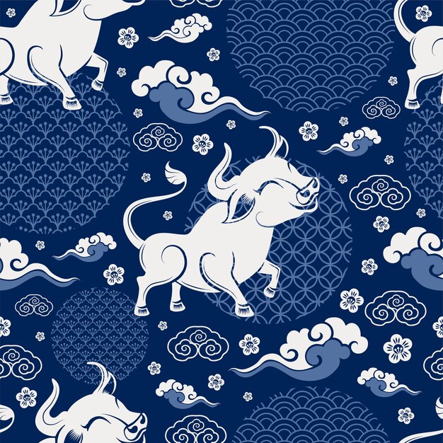 Seamless pattern with Chinese New Year Zodiac Year of the ox sign with asian elements