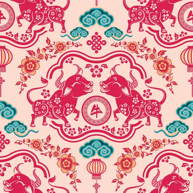 Free vector seamless pattern with chinese new year zodiac year of the ox sign with asian elements