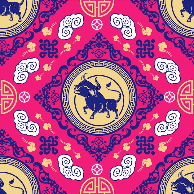 Seamless pattern with chinese new year zodiac year of the ox sign with asian elements