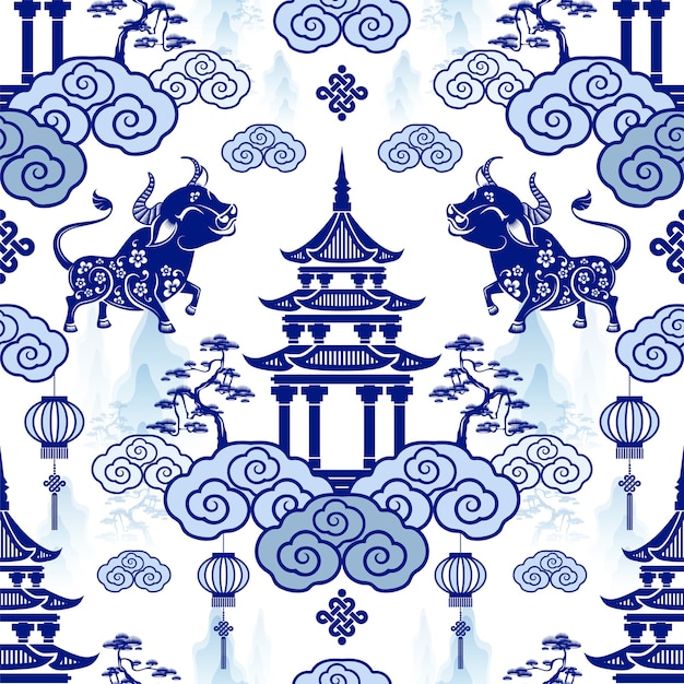 Free vector seamless pattern with chinese new year zodiac year of the ox sign with asian elements