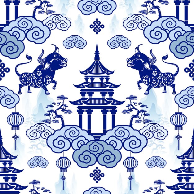 Seamless pattern with Chinese New Year Zodiac Year of the ox sign with asian elements