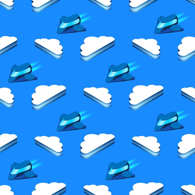 Seamless Pattern with Clouds and Futuristic Planes