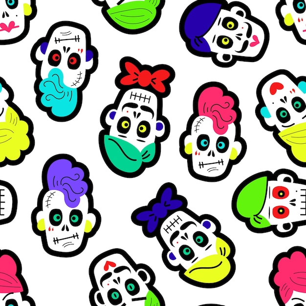 Seamless pattern with colorful funny skulls Premium Vector