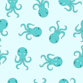 Бесшовный фон с милыми голубыми детскими осьминогами. векторные иллюстрации в мультяшном стиле контура