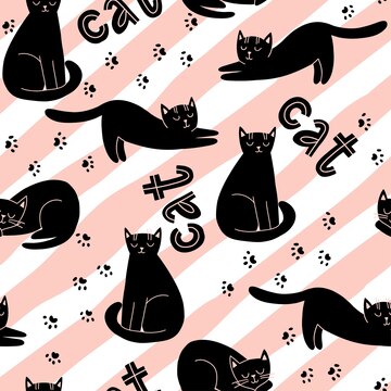 かわいい猫とレタリング猫の足跡とのシームレスなパターンのストライプのベクトル図 プレミアムベクター