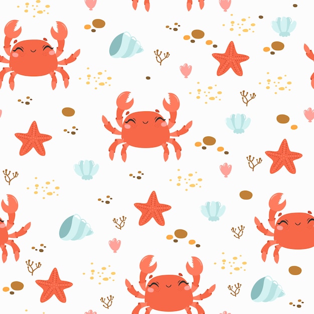 seamless pattern with cute crab and sea stones