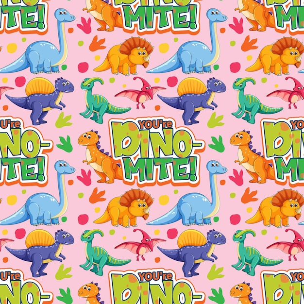 Free vector seamless pattern with cute dinosaurs and font on pink background