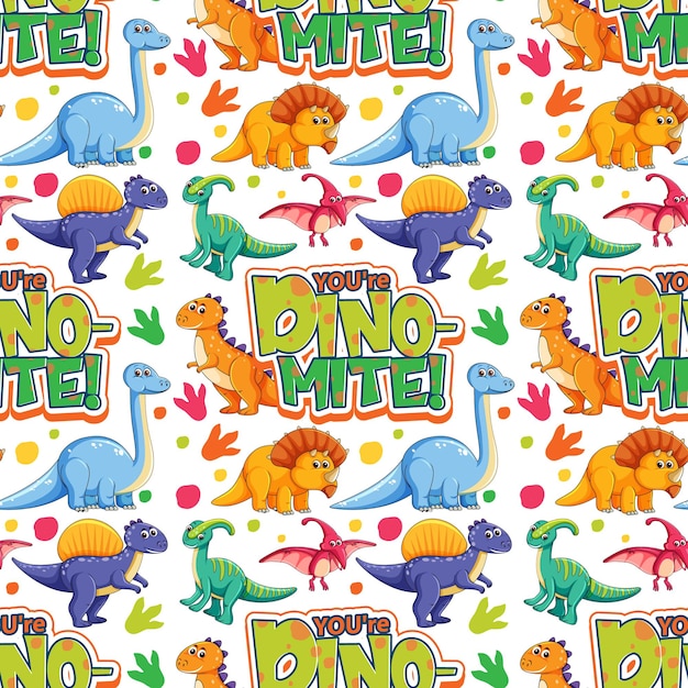 Seamless pattern with cute dinosaurs and font on white background