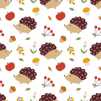 かわいい​ハリネズミ​、​葉​、​キノコ​と​の​シームレス​な​パターン​。​子供服​の​縫製​、​布地​や​テキスタイル​へ​の​印刷​の​秋​の​背景​。