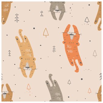 Seamless pattern with cute tiger hand drawn vector illustration