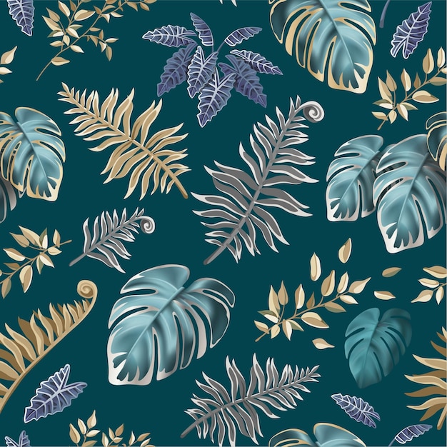 Seamless pattern with dark leaves of tropic plants.