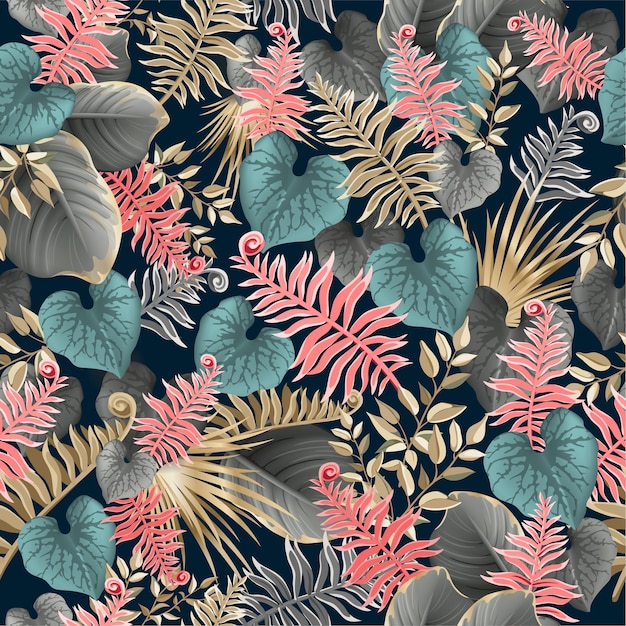 Seamless pattern with dark tropical leaves.