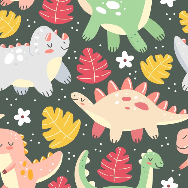 Seamless pattern with dinosaurs and leaves in a cute cartoon style