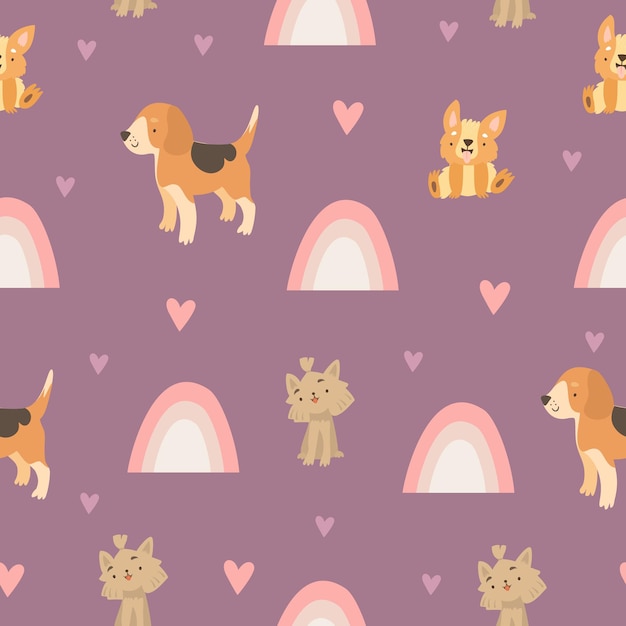 Free vector seamless pattern with dogs and rainbow