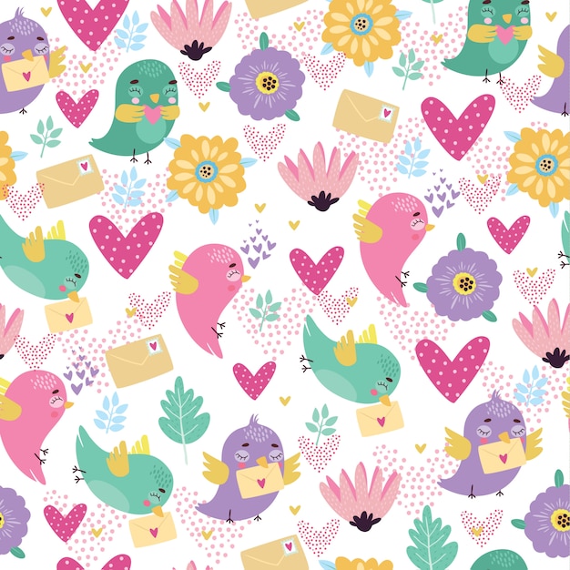 Seamless pattern with enamored birds on a white background