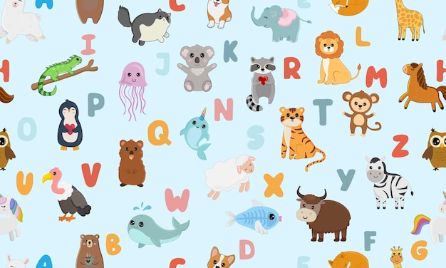 파란색 배경에 고립 된 귀여운 동물과 영어 알파벳으로 완벽 한 패턴