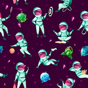 Seamless pattern with funny cute spacemen playing darts, basketball, badminton meditating