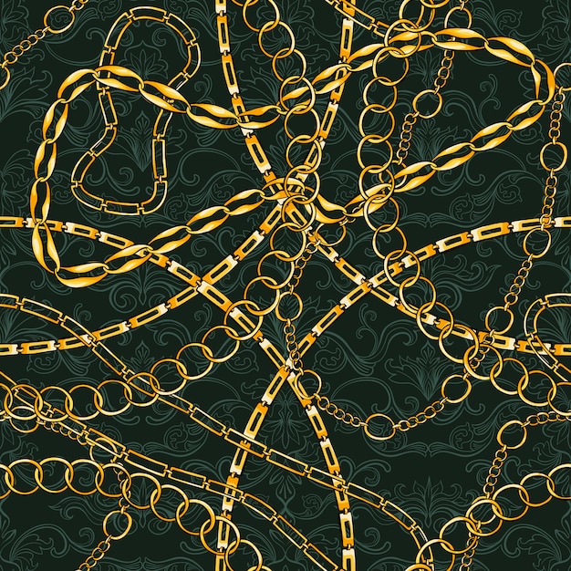 Seamless Pattern with Golden Chains Vintage Jewelry. Gold Accessory for fashion Art Design. Decorative Trendy.