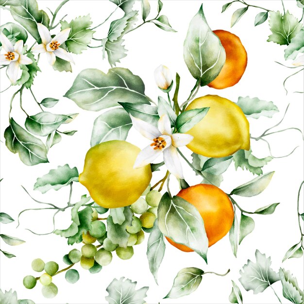 A seamless pattern with lemons and flowers on a white background