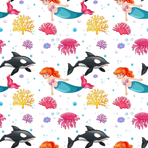 Seamless pattern with mermaid and undersea elements