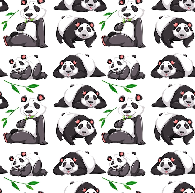 Free vector seamless pattern with panda in many poses on white background