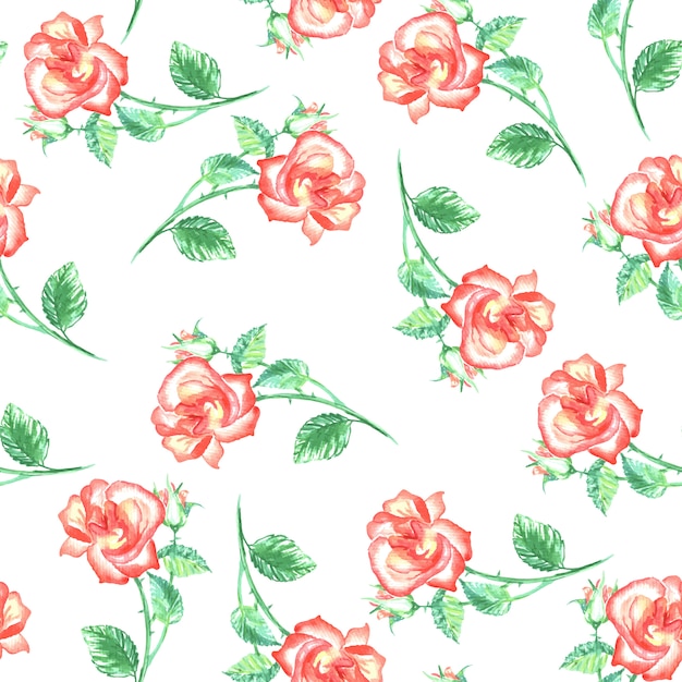 Seamless pattern with red roses and green leafs