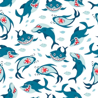 Seamless pattern with sharks in cartoon style background with funny sea colors vector illustration