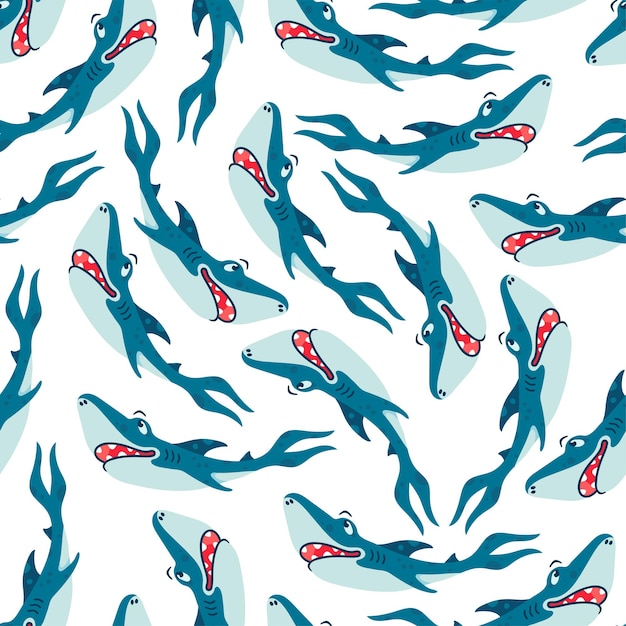 Бесшовный фон с акулами в мультяшном стиле. шуточные эмоции акул. фон с забавными морскими красками для оформления детской комнаты, одежды, текстиля, обоев, цифровой бумаги. векторная иллюстрация Premium векторы