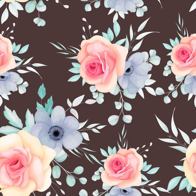 Seamless pattern with spring flowers and leaves