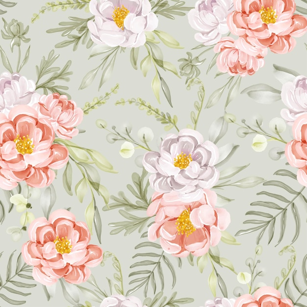 Seamless pattern with spring flowers peach white and leaves