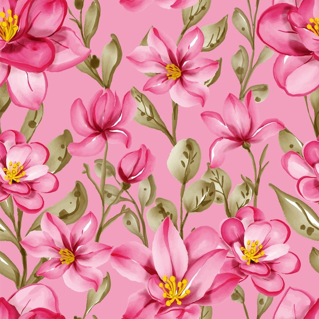 무료 벡터 봄 꽃 분홍색과 잎 원활한 패턴