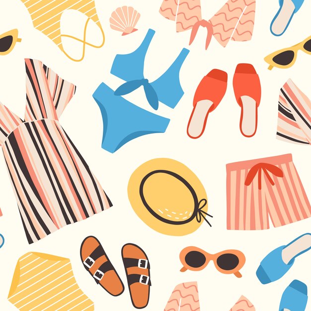 Seamless pattern with summer clothes and accessories on white background - sunglasses, shorts, straw hat, swimsuit, tunic. flat colorful illustration for textile print, wrapping paper