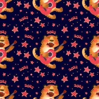 Seamless pattern with tiger plays the guitar and sings funny winter symbol of the new year 2022