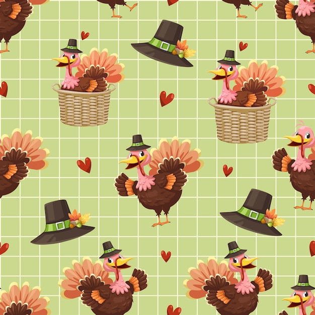 Free vector seamless pattern with turkey, hat, basket and heart