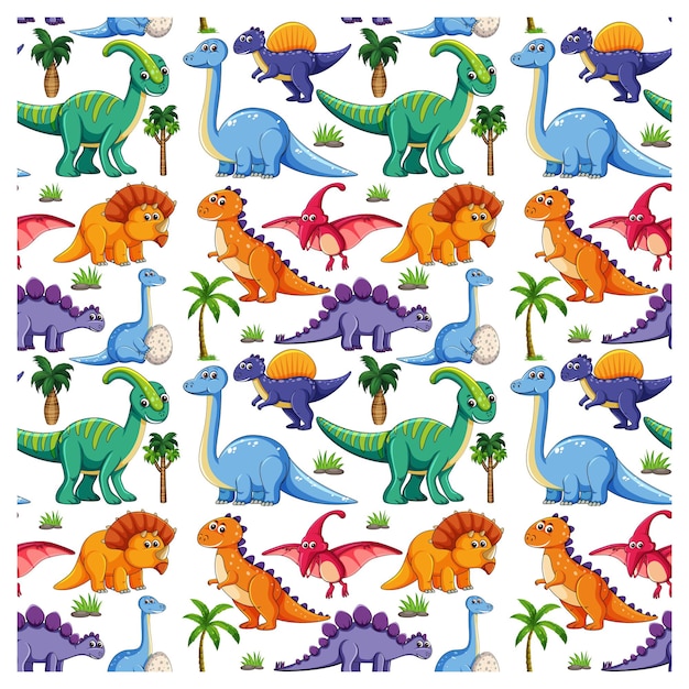 Free vector seamless pattern with various dinosaurs and nature elements on white background