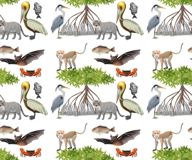 Seamless pattern with various mangrove animals on white background