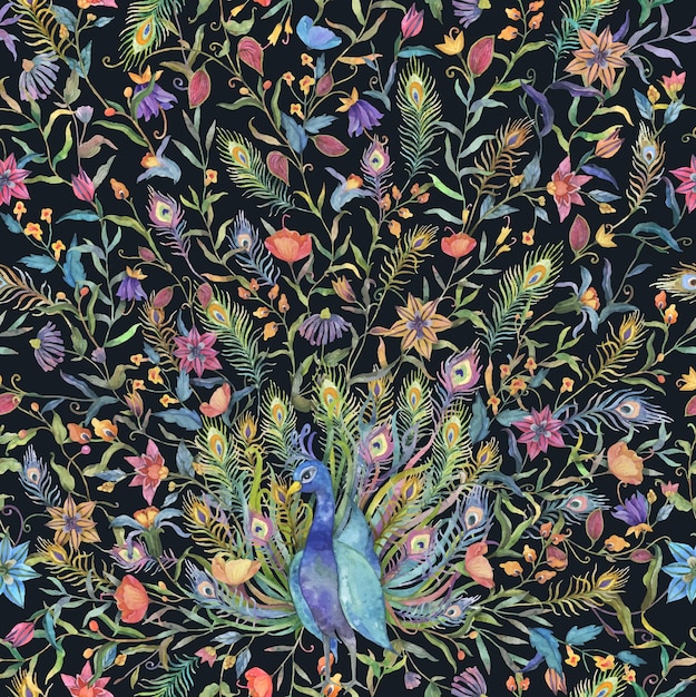 Seamless pattern with watercolor peacock and flower illustration