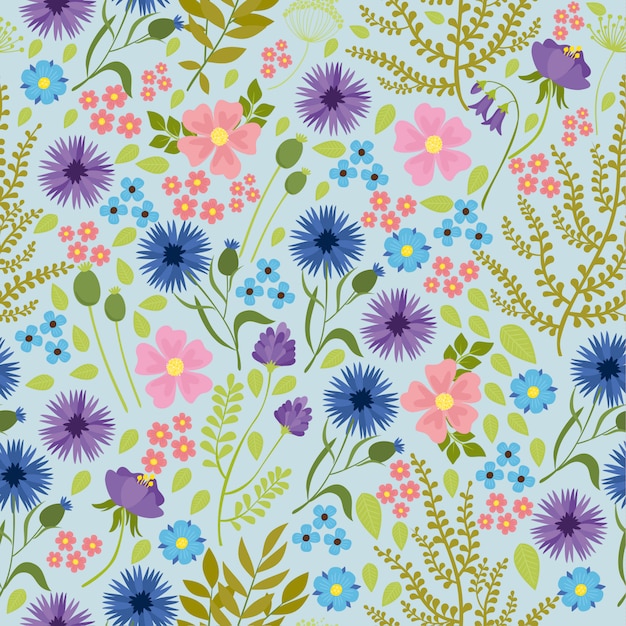 Seamless Pattern With Wildflowers, Blurry Background