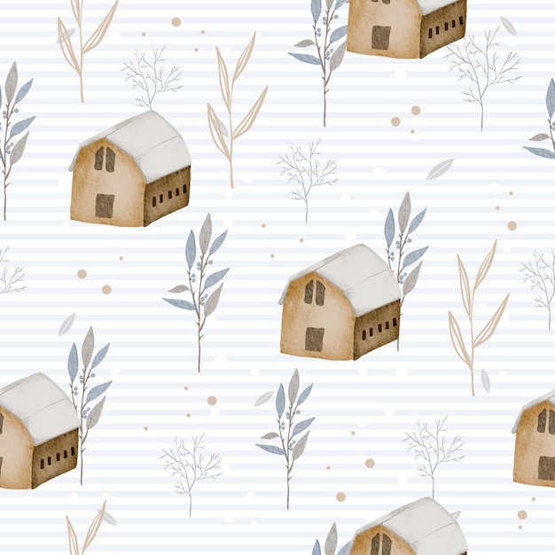 無料ベクター 冬の水彩画の家と葉とのシームレスなパターン