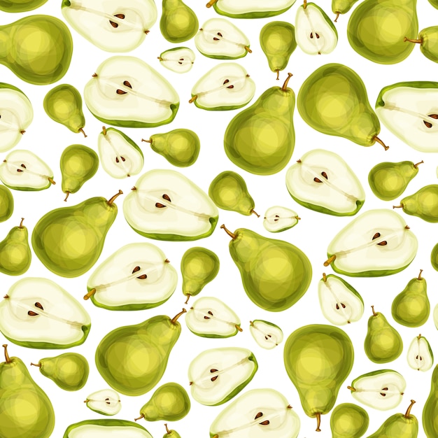 無料ベクター シームレスな梨果実の種子と葉のパターンを半分にスライス手描きのスケッチベクトル図