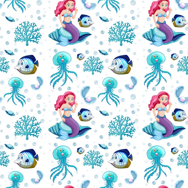 Seamless sea animals and mermaid cartoon character on white background