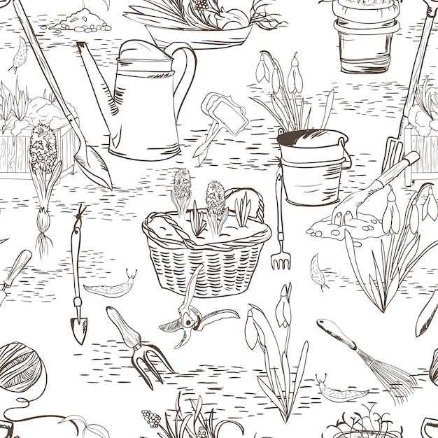 Seamless sketch with gardening tools