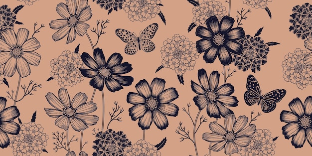 Бесшовный весенний цветочный узор цветущие растения винтажные векторные ромашки и бабочки