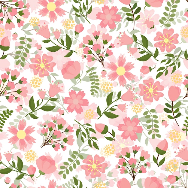 Seamless spring floral with a dense pattern of pretty pink blossom and flowers with green leaves in square format suitable for wallpaper and textile  vector illustration