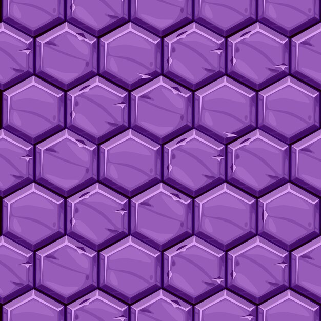 Seamless textured of bright purple hexagonal stone tiles. Background vintage paving geometric tiles.